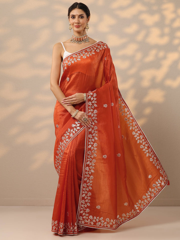Orange Embroidered Organza Saree With Unstitched Blouse Piece