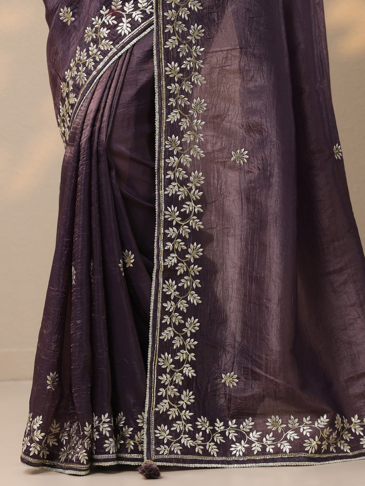 Purple Embroidered Organza Saree With Unstitched Blouse Piece
