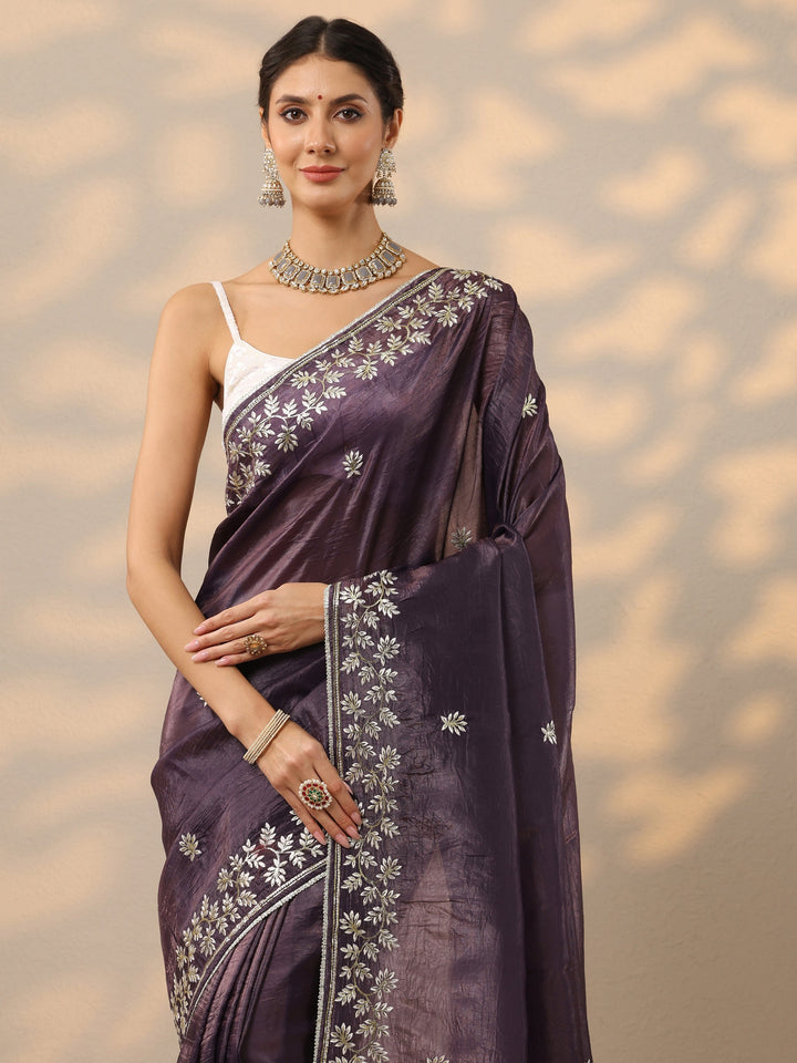 Purple Embroidered Organza Saree With Unstitched Blouse Piece