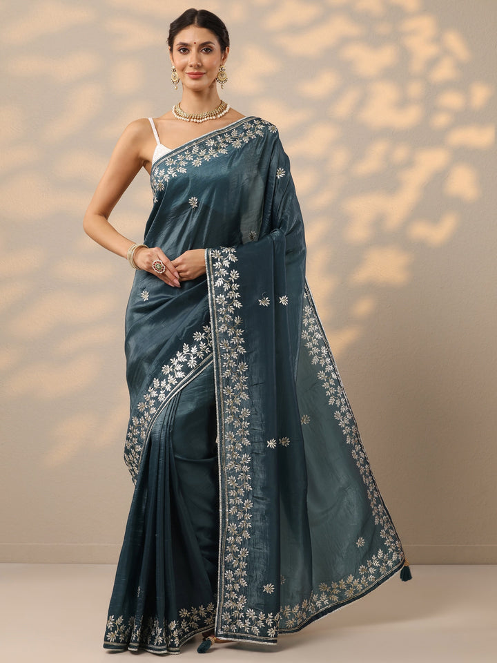 Teal Embroidered Organza Saree With Unstitched Blouse Piece