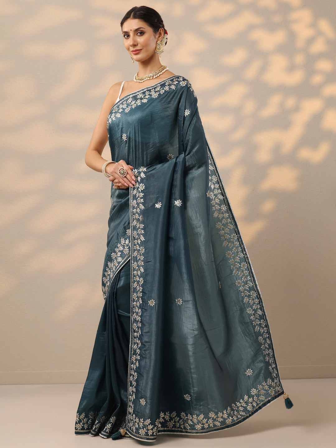 Teal Embroidered Organza Saree With Unstitched Blouse Piece