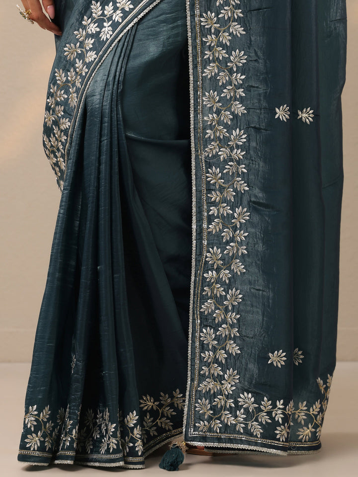Teal Embroidered Organza Saree With Unstitched Blouse Piece