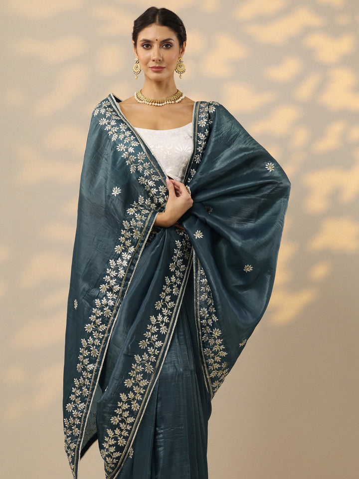 Teal Embroidered Organza Saree With Unstitched Blouse Piece