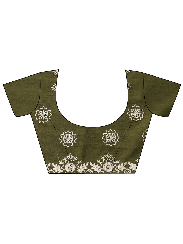 Green Embroidered Silk Blend Saree With Unstitched Blouse Piece