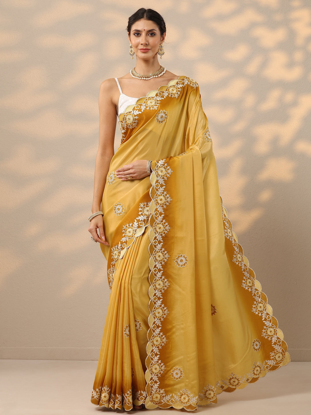 Yellow Embroidered Silk Blend Saree With Unstitched Blouse Piece
