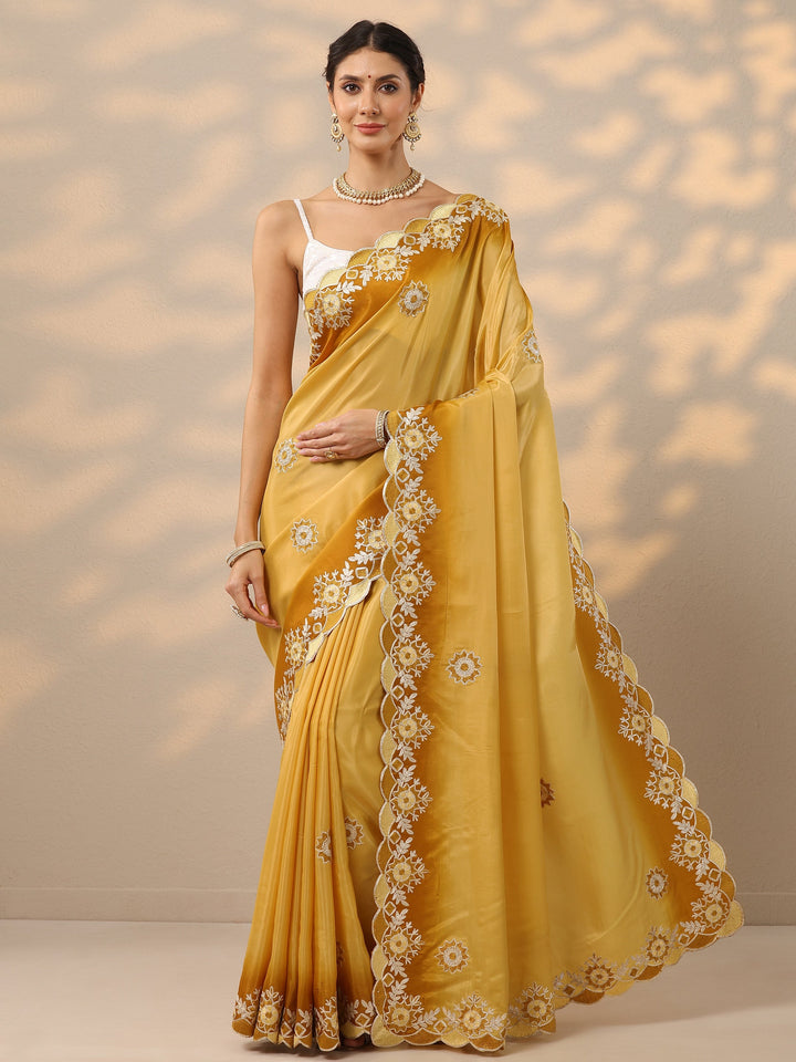 Yellow Embroidered Silk Blend Saree With Unstitched Blouse Piece