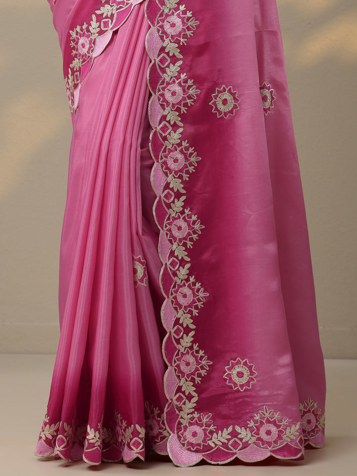 Pink Embroidered Silk Blend Saree With Unstitched Blouse Piece