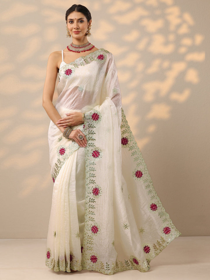 White Embroidered Organza Saree With Unstitched Blouse Piece