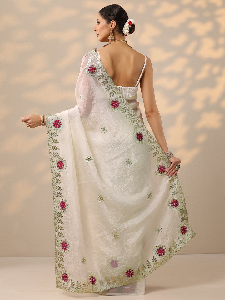 White Embroidered Organza Saree With Unstitched Blouse Piece
