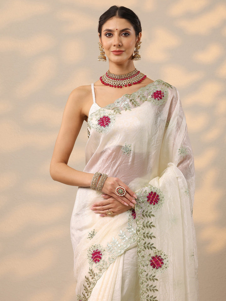 White Embroidered Organza Saree With Unstitched Blouse Piece