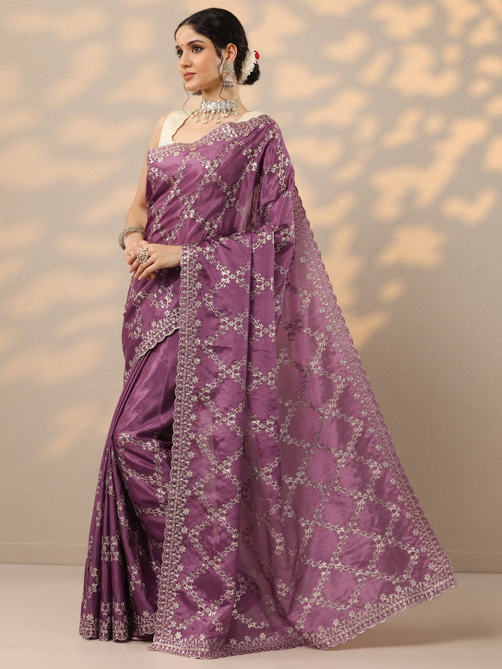 Mauve Embroidered Silk Blend Saree With Unstitched Blouse Piece