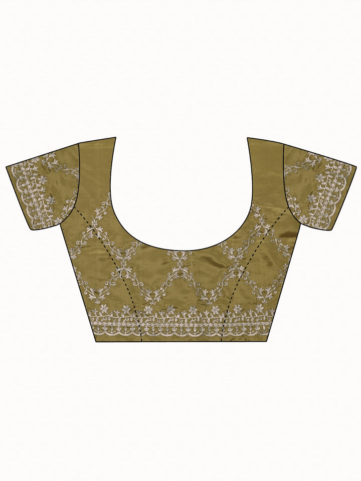 Green Embroidered Silk Blend Saree With Unstitched Blouse Piece