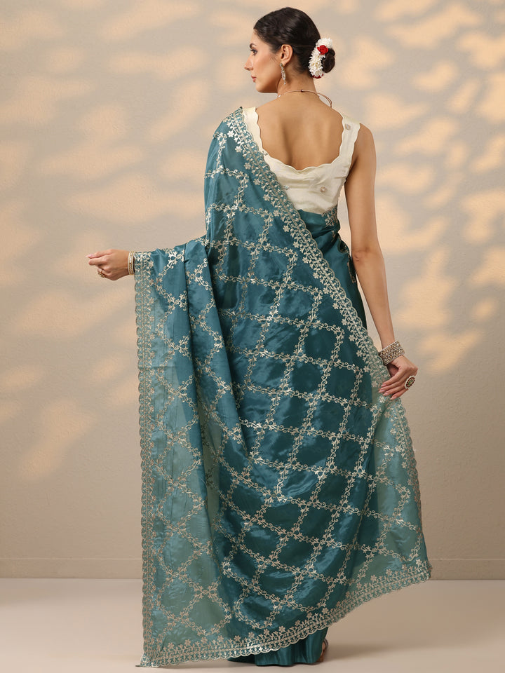 Blue Embroidered Silk Blend Saree With Unstitched Blouse Piece
