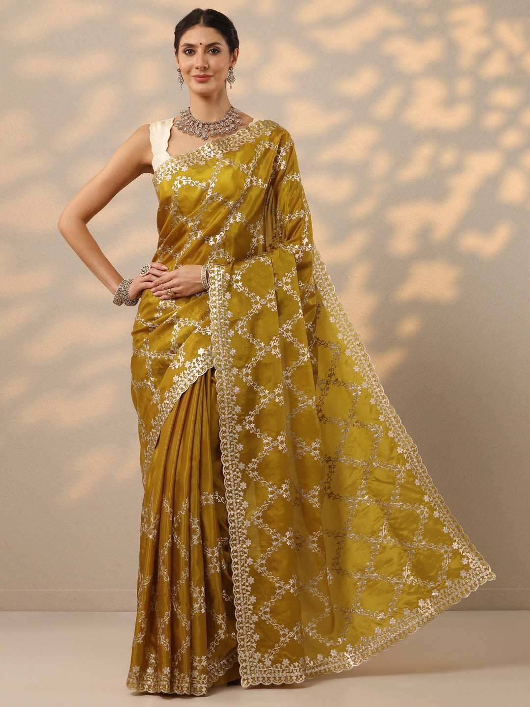 Mustard Embroidered Silk Blend Saree With Unstitched Blouse Piece