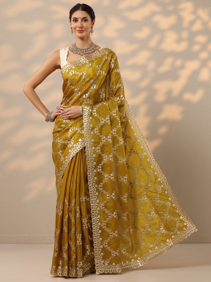 Mustard Embroidered Silk Blend Saree With Unstitched Blouse Piece