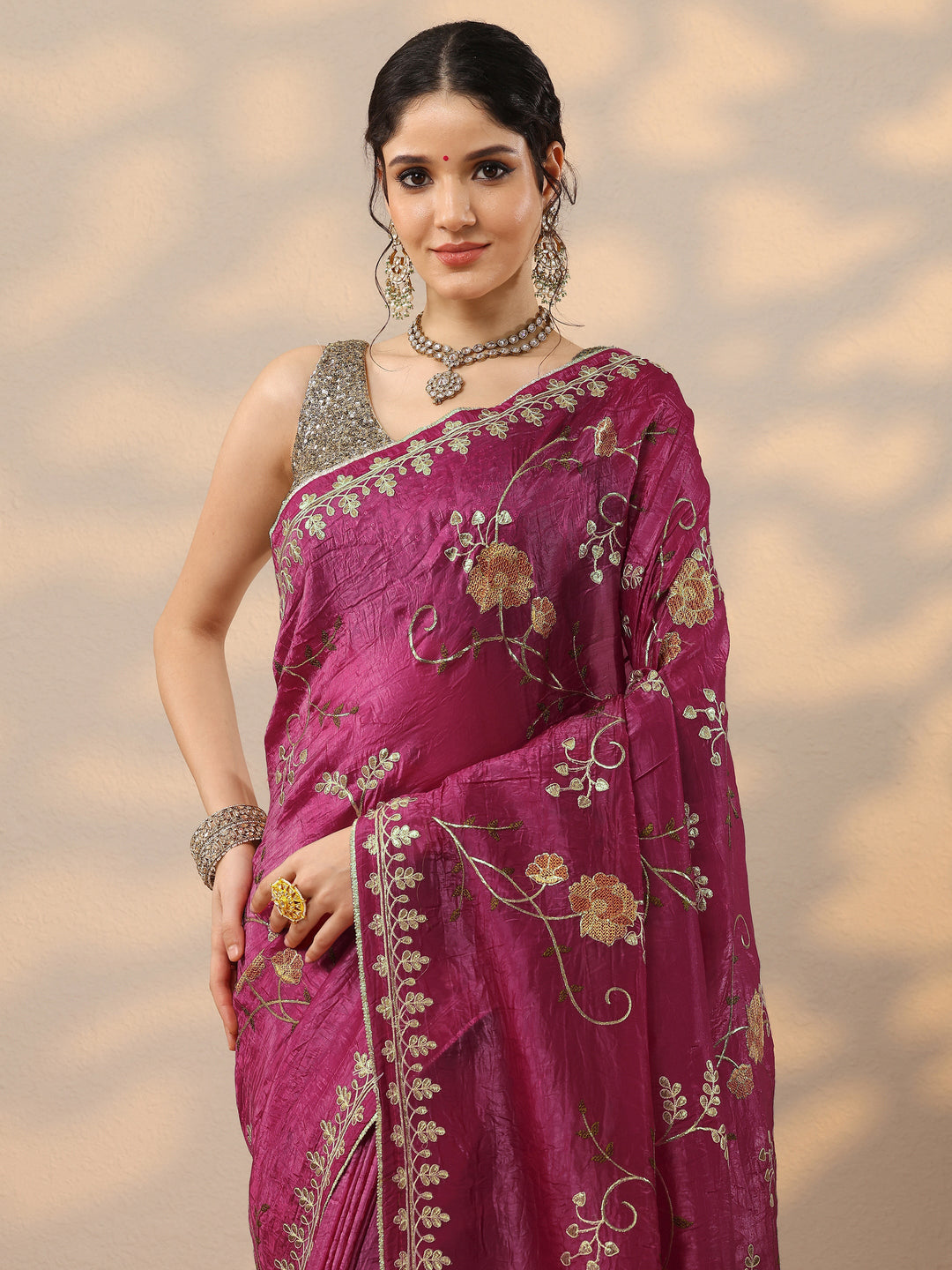 Pink Embroidered Organza Saree With Unstitched Blouse Piece