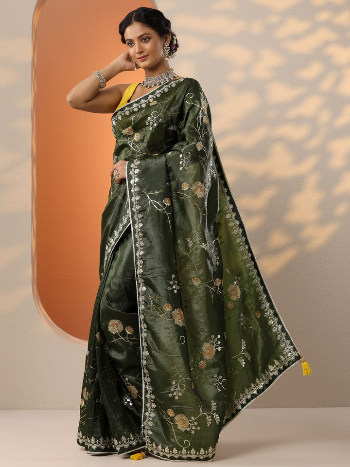 Green Embroidered Organza Saree With Unstitched Blouse Piece