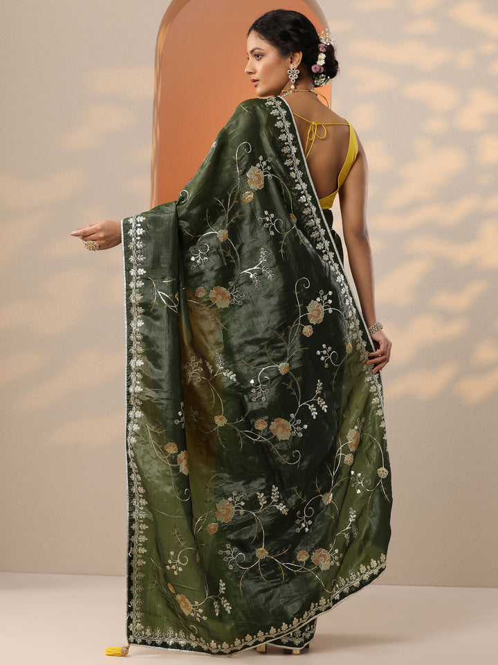 Green Embroidered Organza Saree With Unstitched Blouse Piece