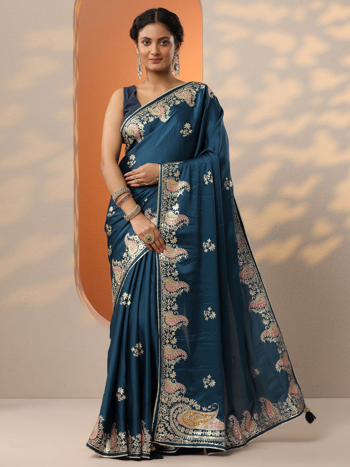 Blue Embroidered Satin Saree With Unstitched Blouse Piece