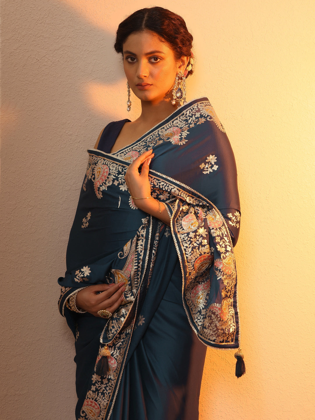 Blue Embroidered Satin Saree With Unstitched Blouse Piece