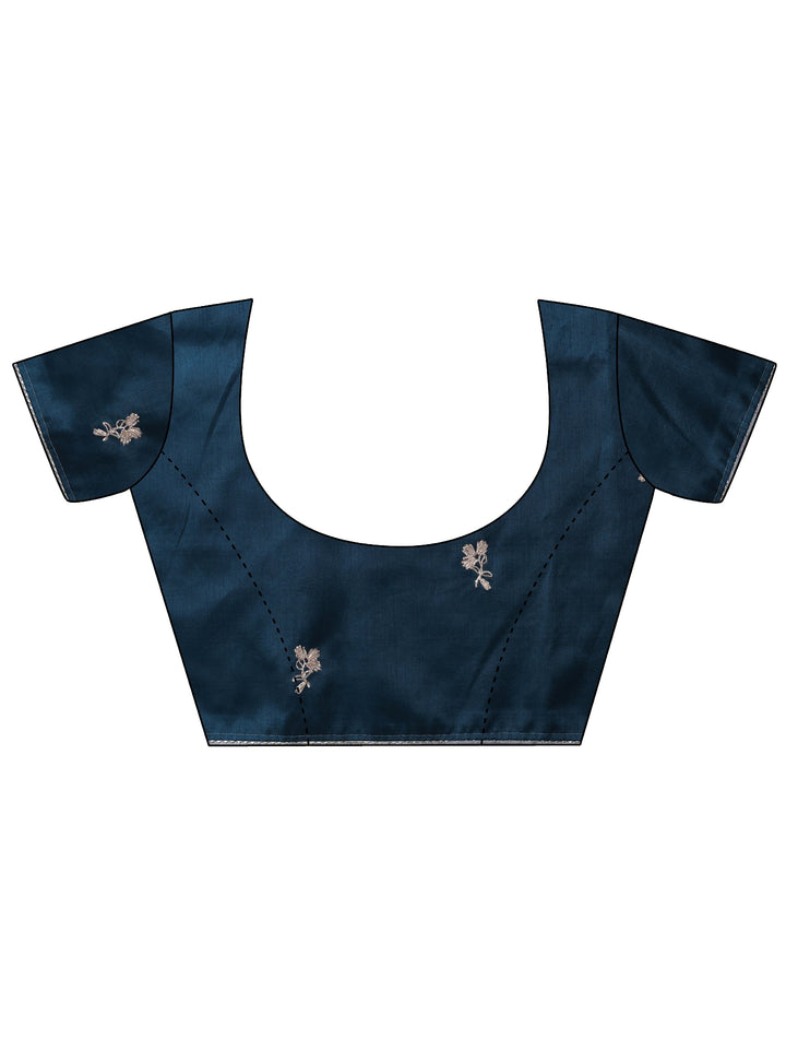 Blue Embroidered Satin Saree With Unstitched Blouse Piece