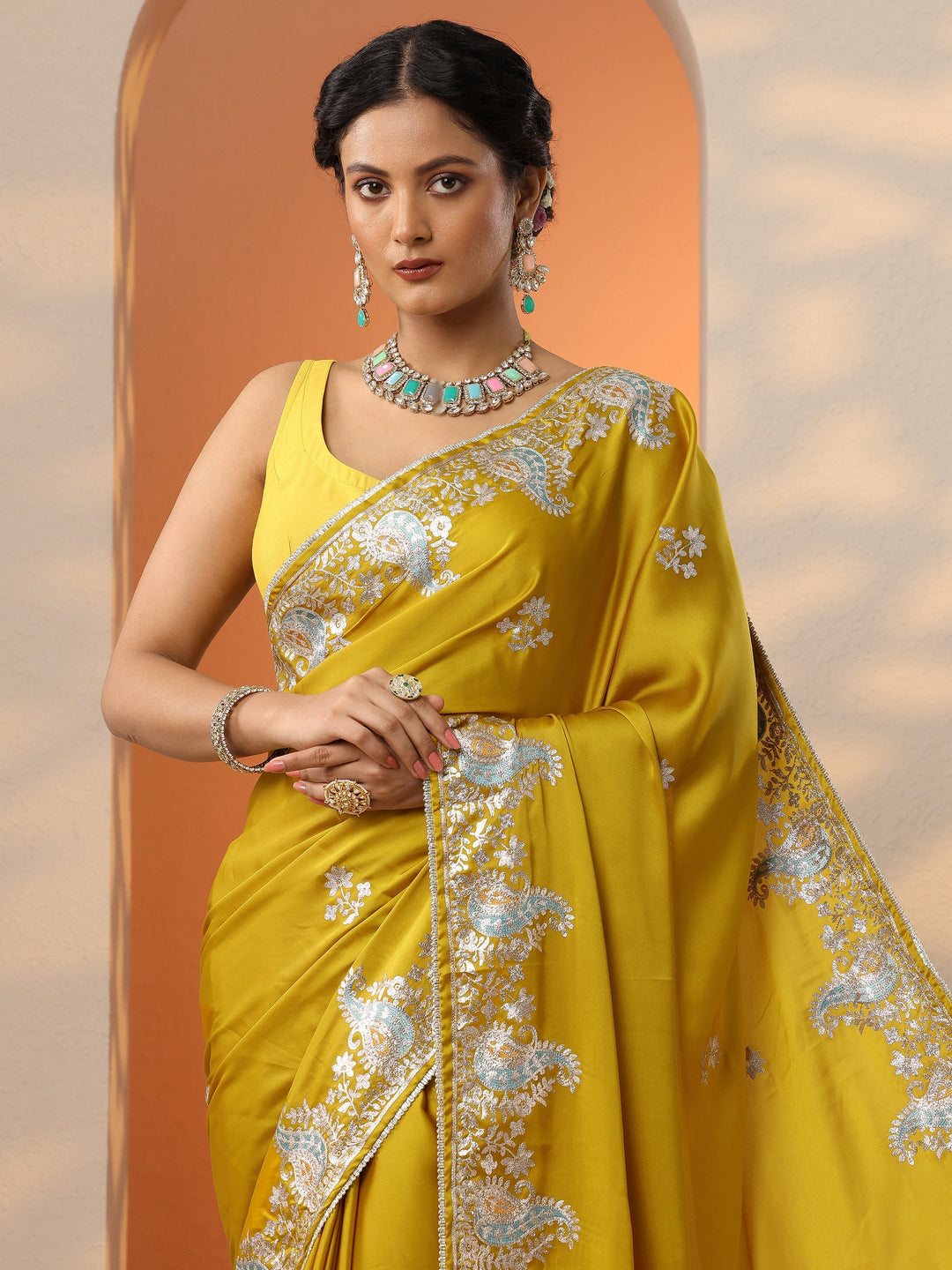Mustard Embroidered Satin Saree With Unstitched Blouse Piece