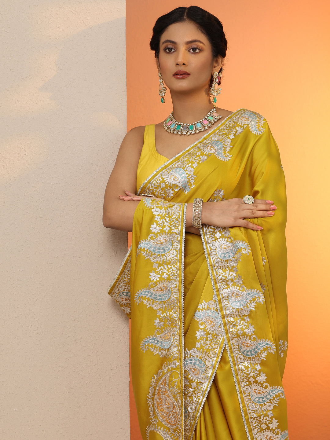 Mustard Embroidered Satin Saree With Unstitched Blouse Piece