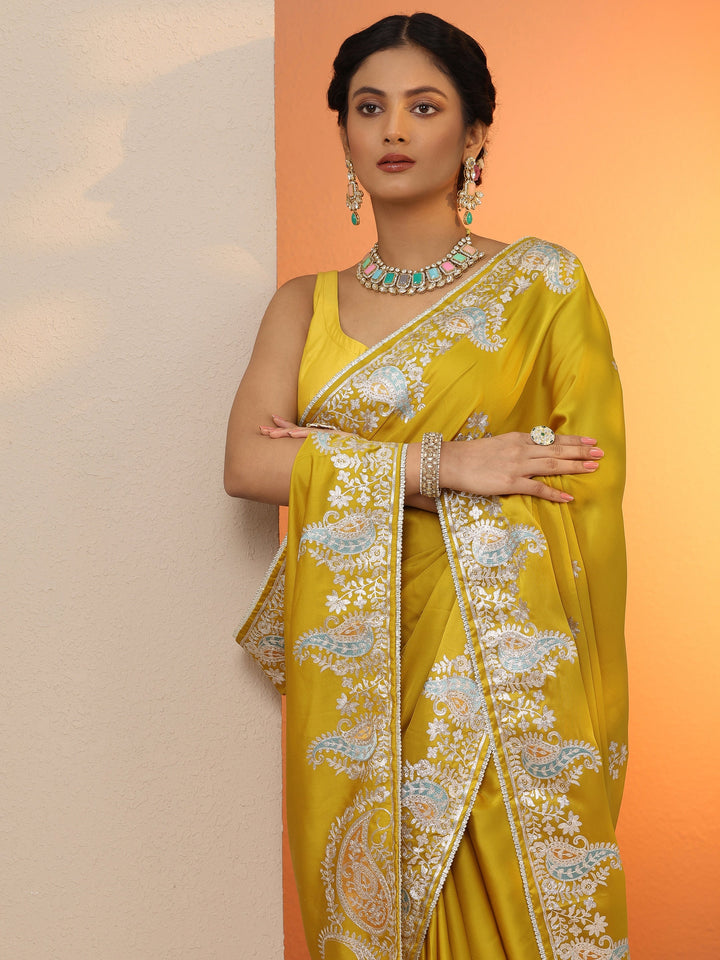 Mustard Embroidered Satin Saree With Unstitched Blouse Piece
