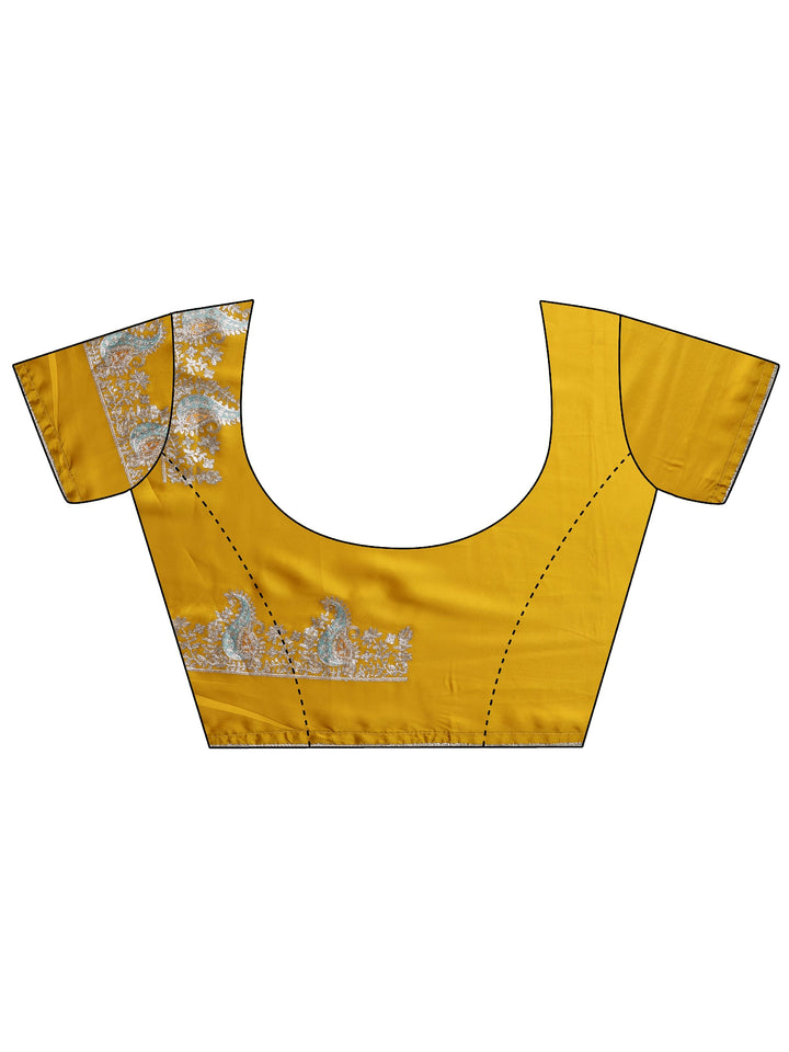 Mustard Embroidered Satin Saree With Unstitched Blouse Piece