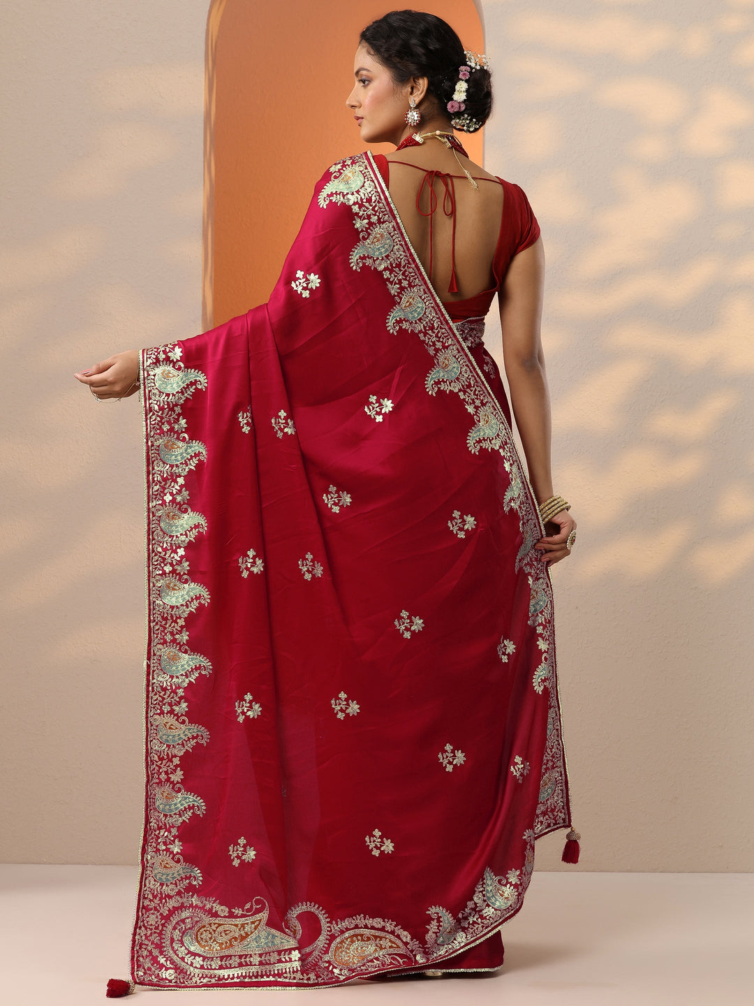Red Embroidered Satin Saree With Unstitched Blouse Piece