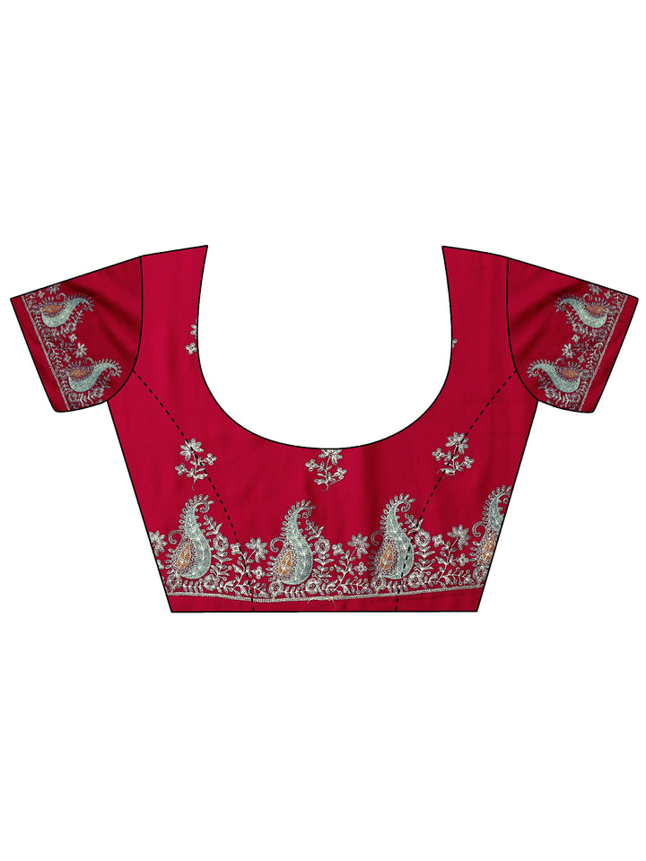 Red Embroidered Satin Saree With Unstitched Blouse Piece
