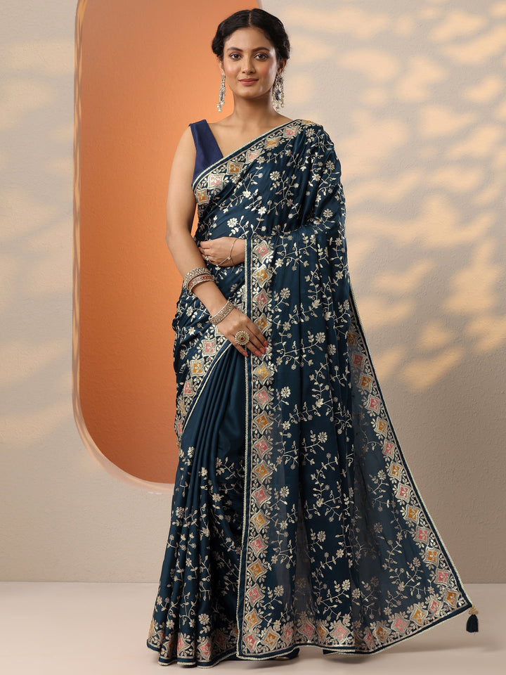Blue Embroidered Satin Saree With Unstitched Blouse Piece