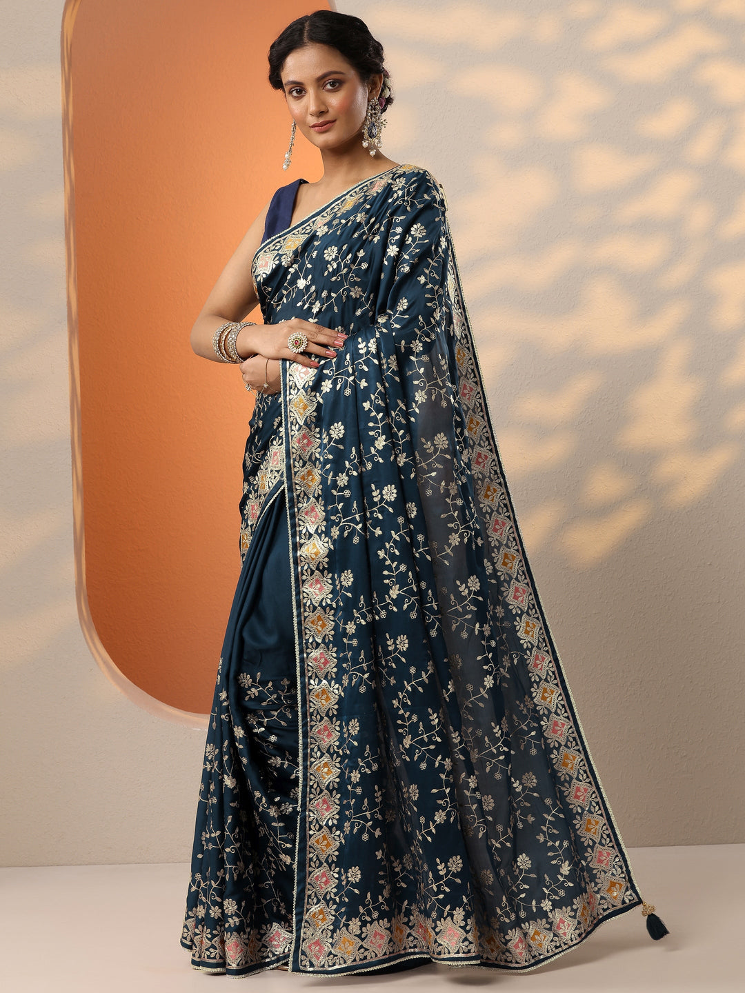 Blue Embroidered Satin Saree With Unstitched Blouse Piece