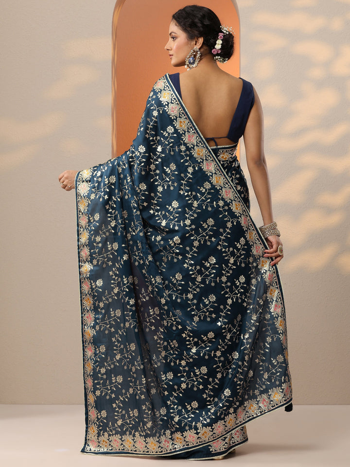 Blue Embroidered Satin Saree With Unstitched Blouse Piece