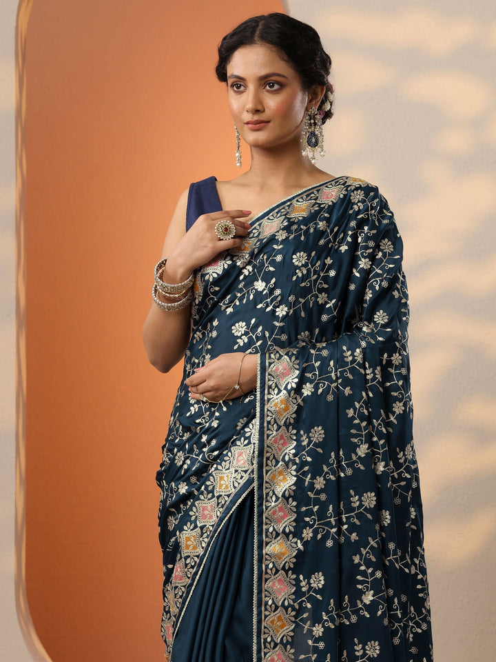 Blue Embroidered Satin Saree With Unstitched Blouse Piece