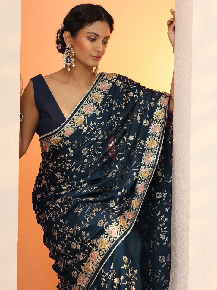 Blue Embroidered Satin Saree With Unstitched Blouse Piece