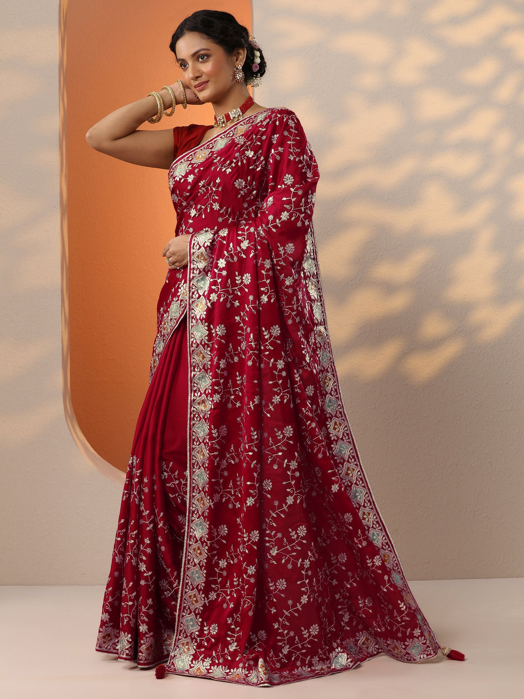 Red Embroidered Satin Saree With Unstitched Blouse Piece
