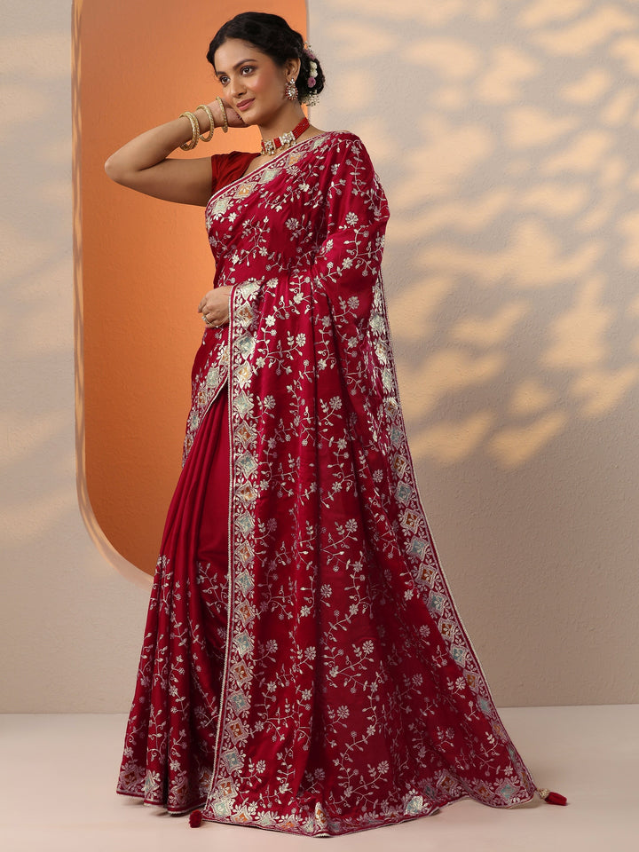 Red Embroidered Satin Saree With Unstitched Blouse Piece