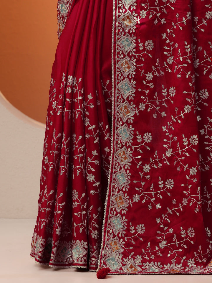 Red Embroidered Satin Saree With Unstitched Blouse Piece