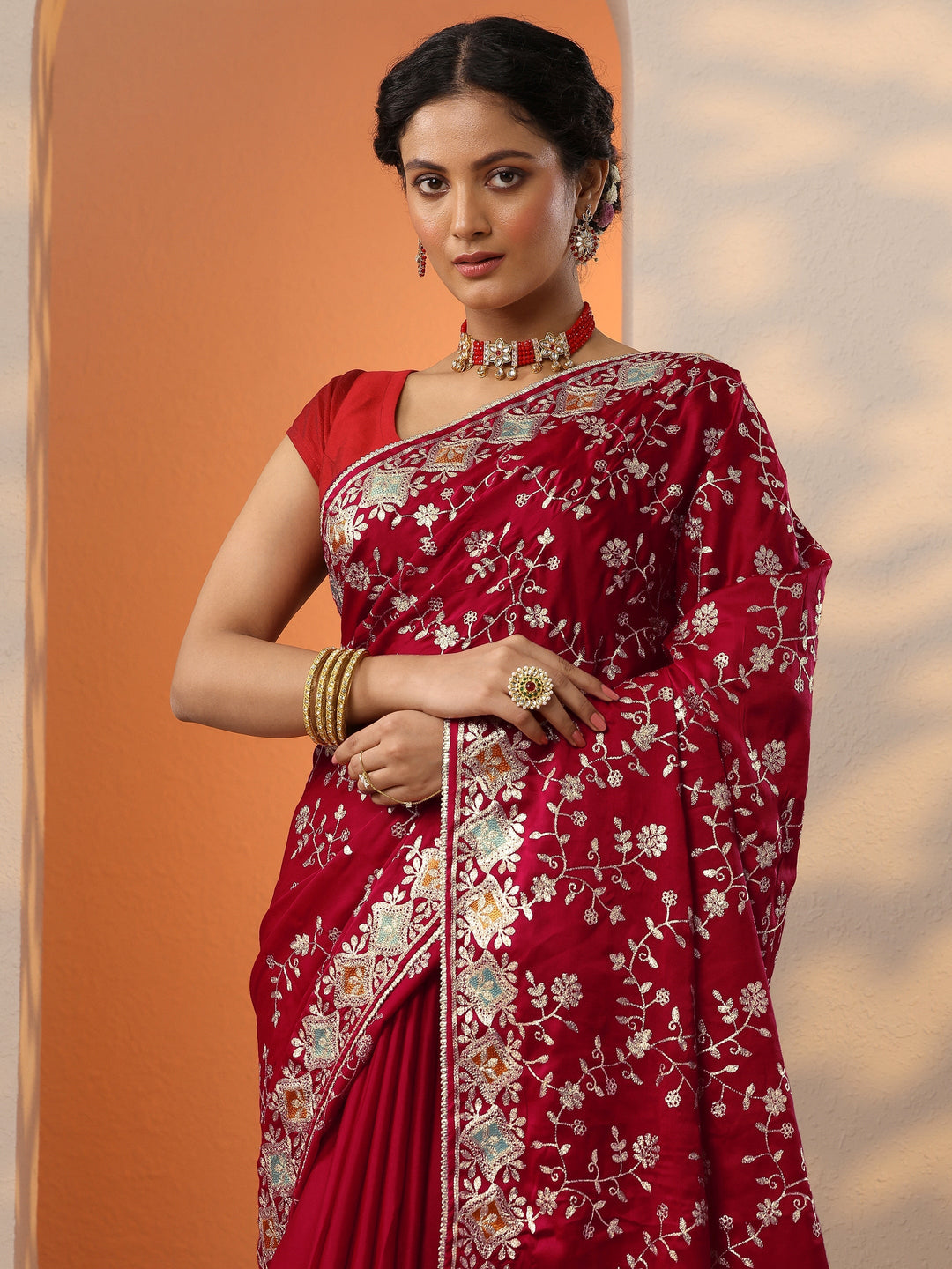 Red Embroidered Satin Saree With Unstitched Blouse Piece