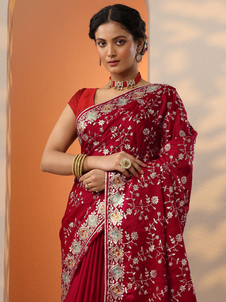 Red Embroidered Satin Saree With Unstitched Blouse Piece