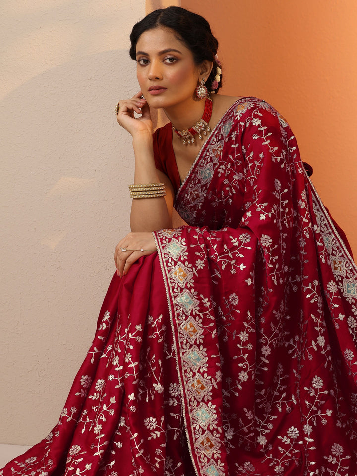 Red Embroidered Satin Saree With Unstitched Blouse Piece