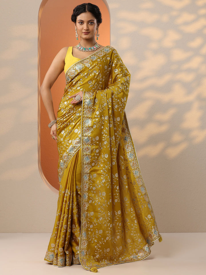 Mustard Embroidered Satin Saree With Unstitched Blouse Piece