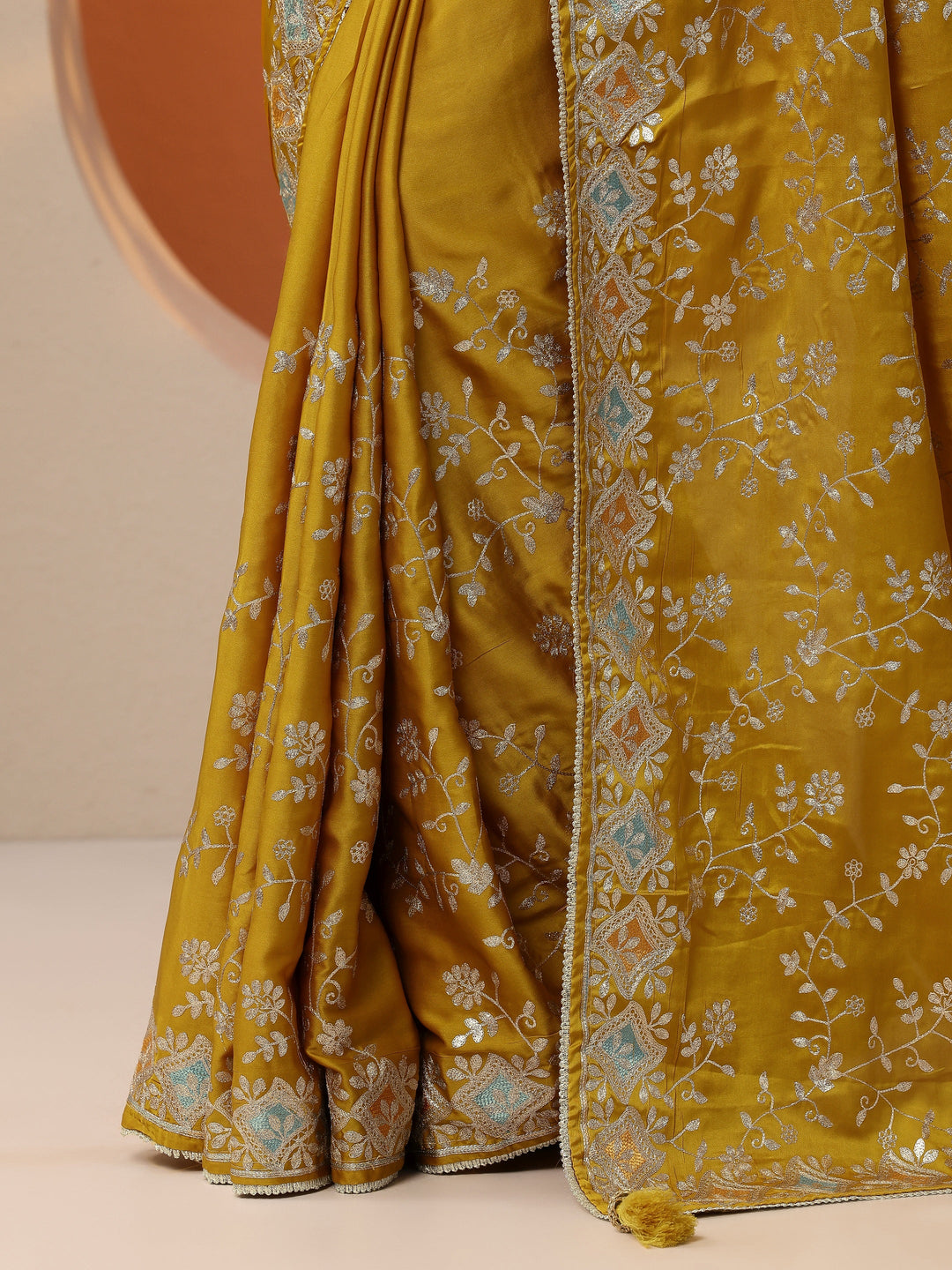 Mustard Embroidered Satin Saree With Unstitched Blouse Piece