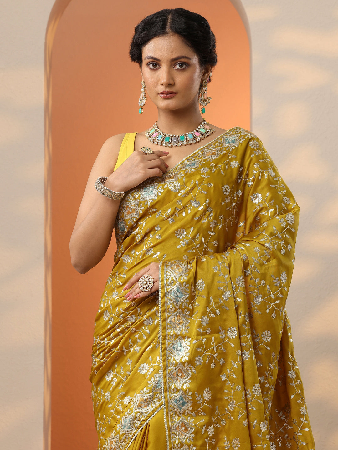 Mustard Embroidered Satin Saree With Unstitched Blouse Piece