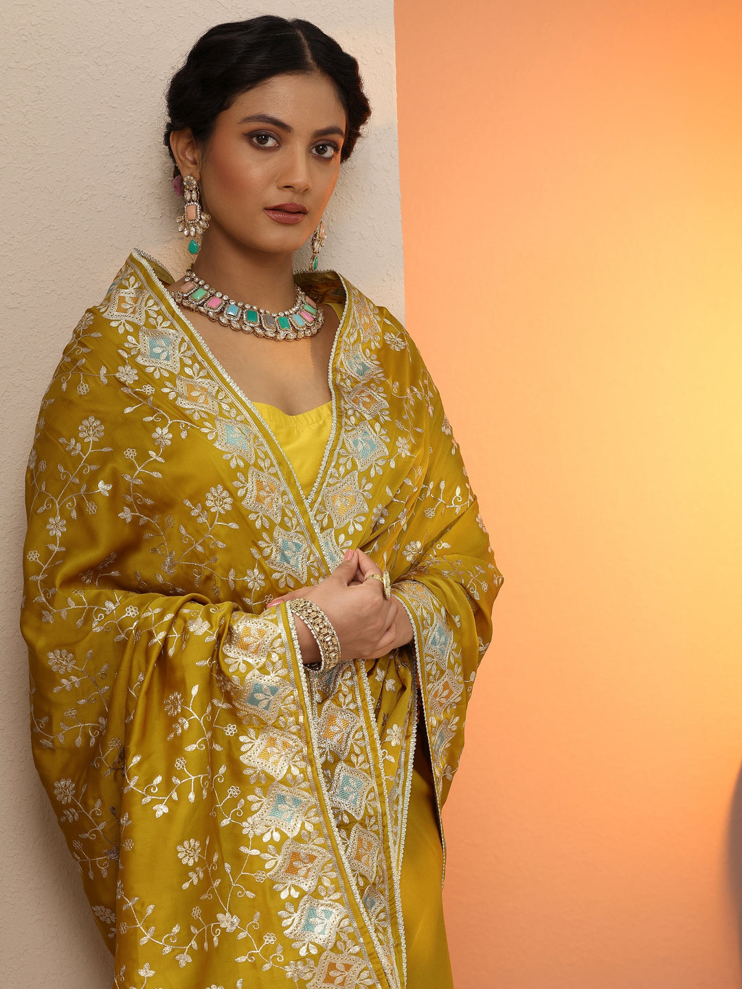 Mustard Embroidered Satin Saree With Unstitched Blouse Piece