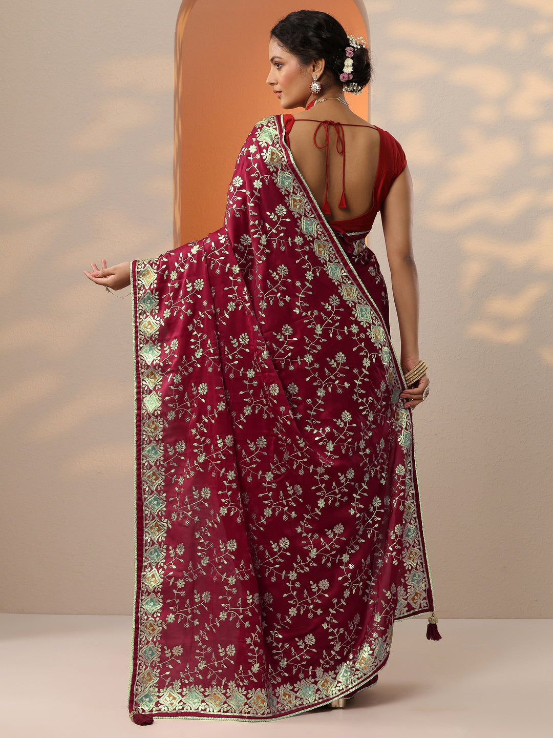 Maroon Embroidered Banarasi Satin Saree With Unstitched Blouse Piece