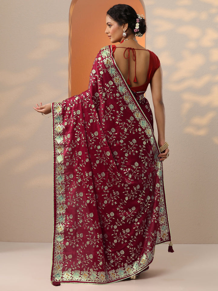 Maroon Embroidered Banarasi Satin Saree With Unstitched Blouse Piece
