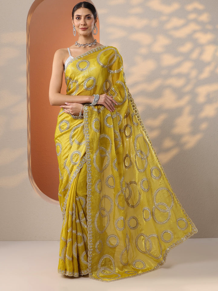Yellow Embroidered Organza Saree With Unstitched Blouse Piece