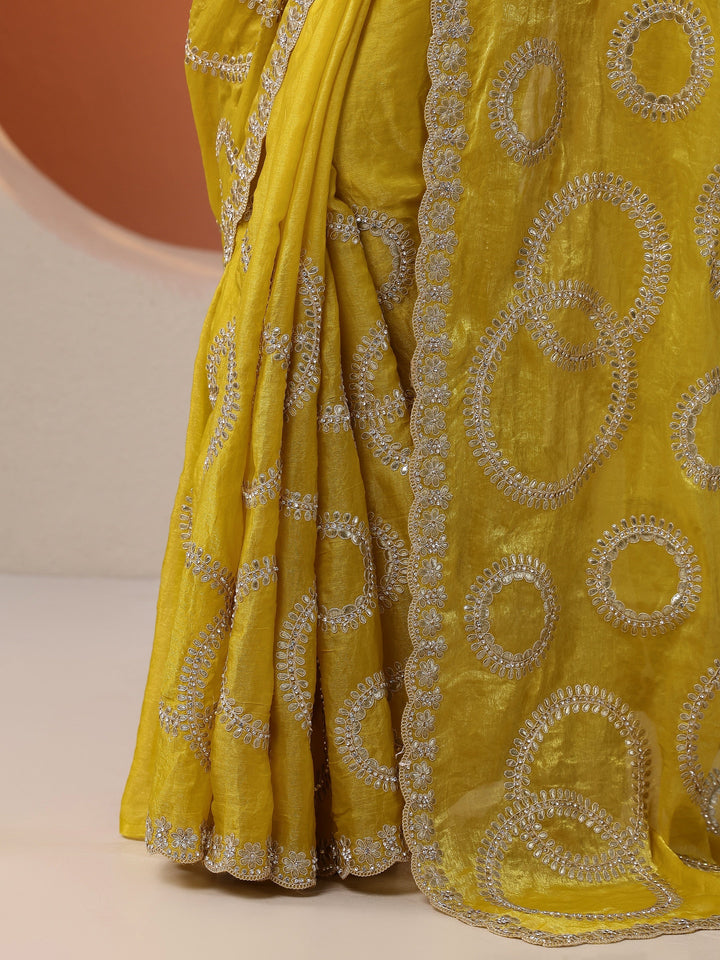 Yellow Embroidered Organza Saree With Unstitched Blouse Piece